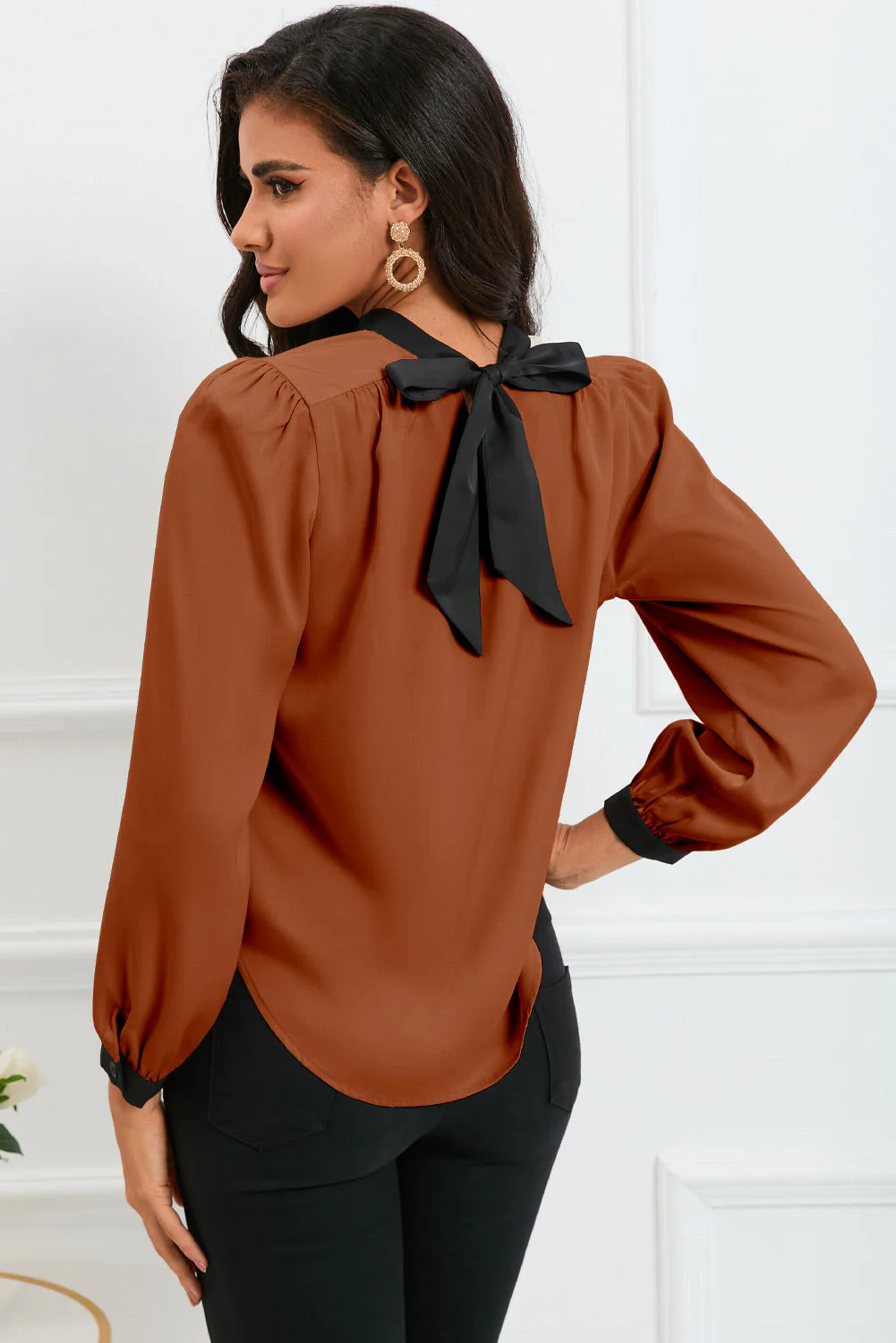 Satin Carmel and black tie blouse
